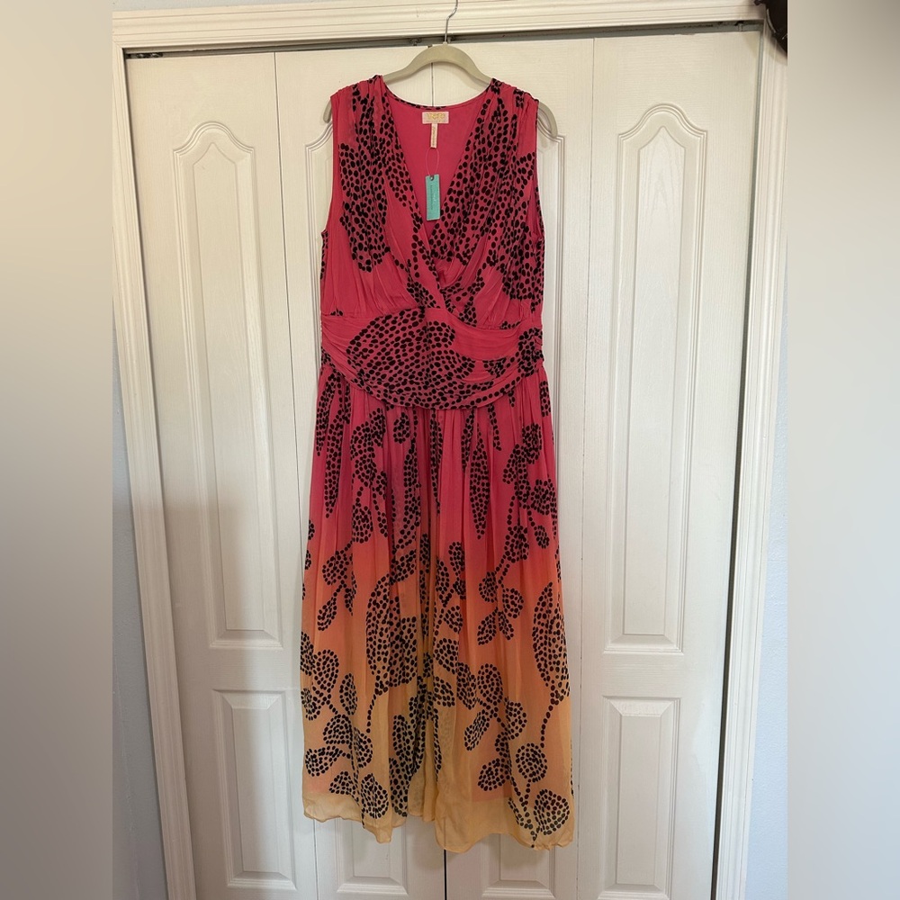Anthropologie Pink to Orange Ombre Maxi Dress with Black Floral Design